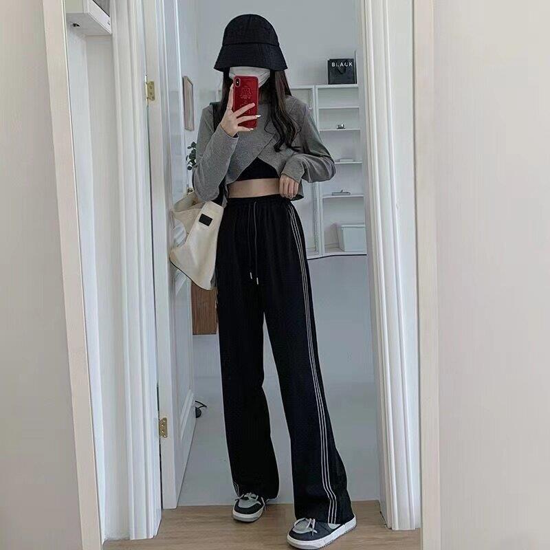 新品黑色条纹运动裤女学生高腰垂感宽松阔腿裤春秋新款直筒拖地休