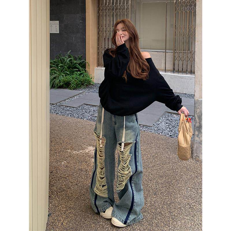 新品美式慵懒老钱风黑色斜肩一字肩卫衣女秋冬季宽松显瘦长袖露肩