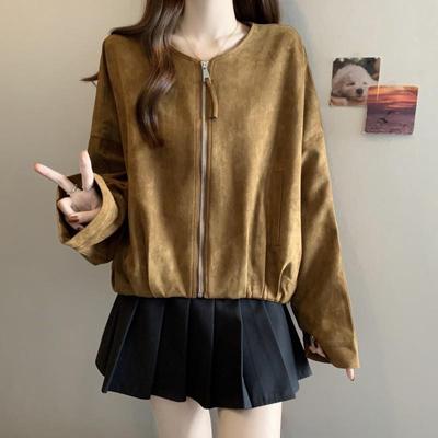 新品咖色复古麂皮绒夹克开