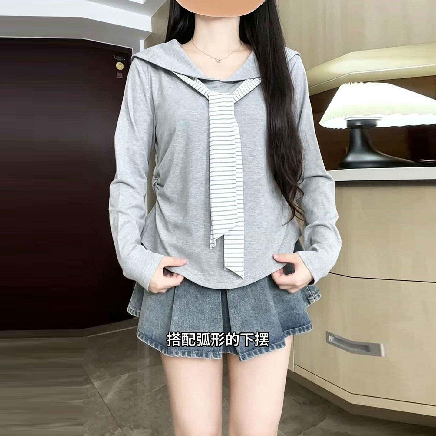 新品大码海军风条纹绑带长袖T恤女秋季新款胖mm显瘦百搭收腰减龄