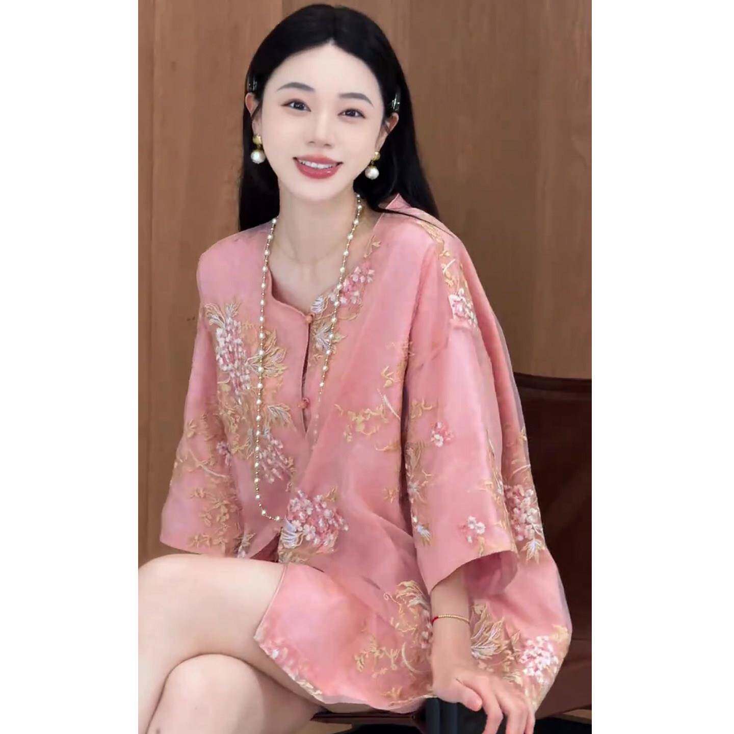 新品国风刺绣时尚套装女2026春季新款香云纱外套+短裤减龄新中式