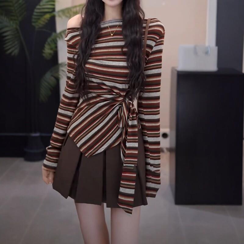 新品大码韩系慵懒风绑带条纹上衣女2026秋季胖MM显瘦漂亮露肩长袖