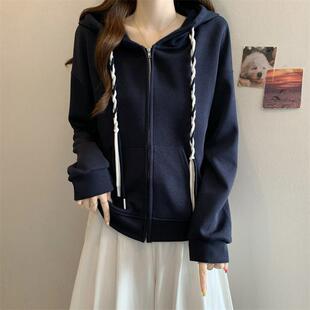 新品抽绳连帽卫衣外套女春秋2025新款大码胖mm显瘦设计感短款开衫