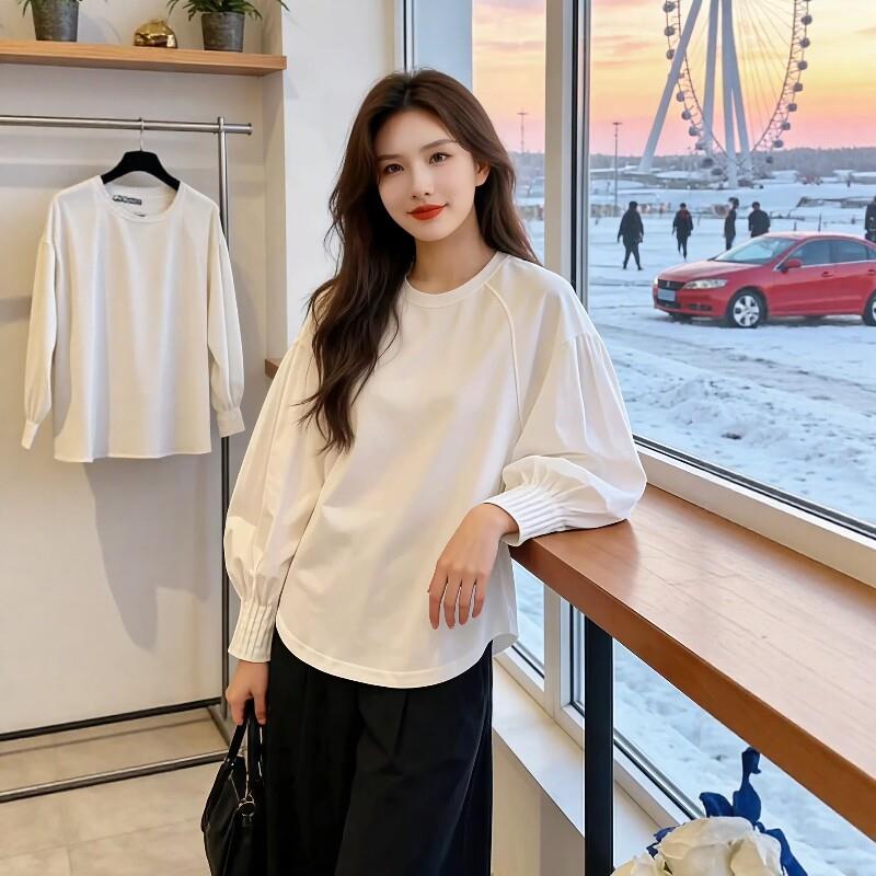 新品韩版高级感灯笼袖T恤女2026早秋大码胖MM设计感宽松显瘦长袖