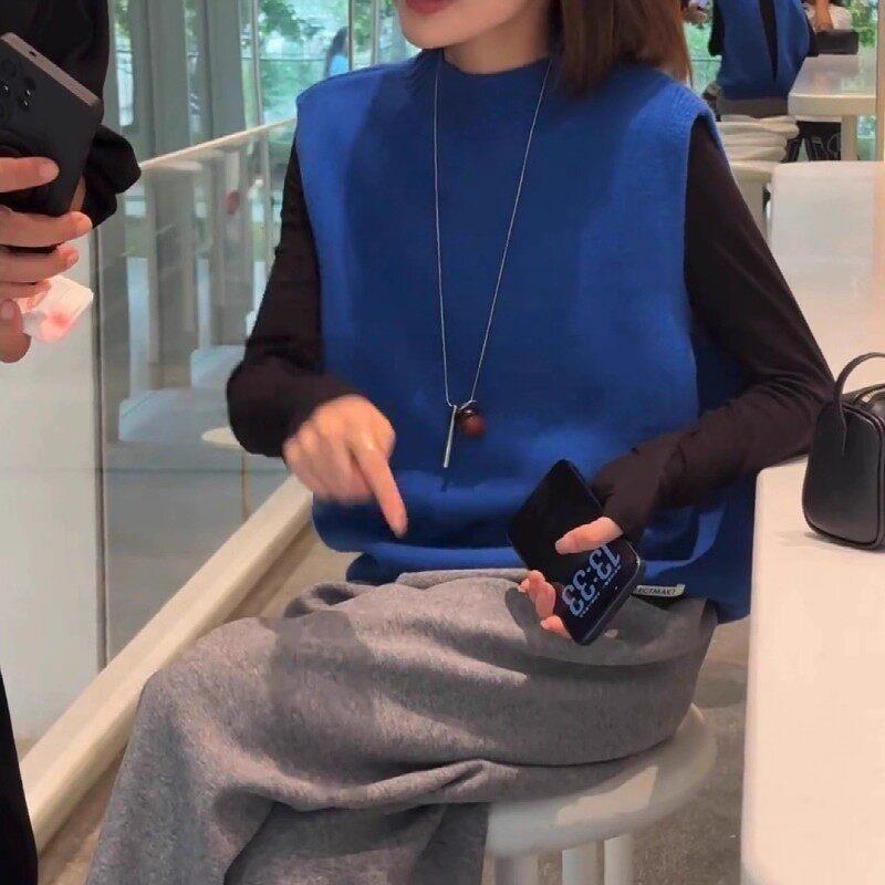新品巨好看蓝色毛衣马甲女秋季2026新款大码胖MM设计感针织背心上