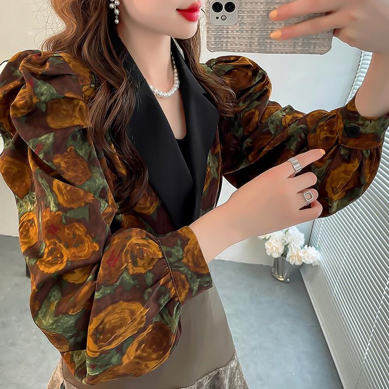 新品法式玫瑰印花西装领雪纺衬衫上衣女宽松设计感独特泡泡袖秋装