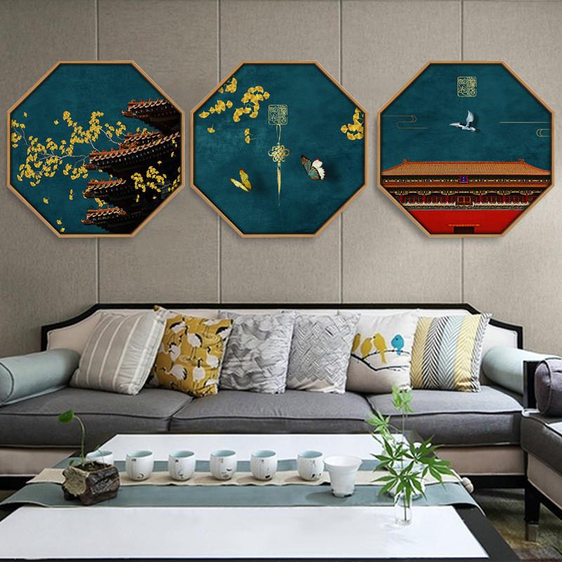 现货中国风客厅背景墙八边形红色中式建筑元素壁画装饰画餐厅玄关图片