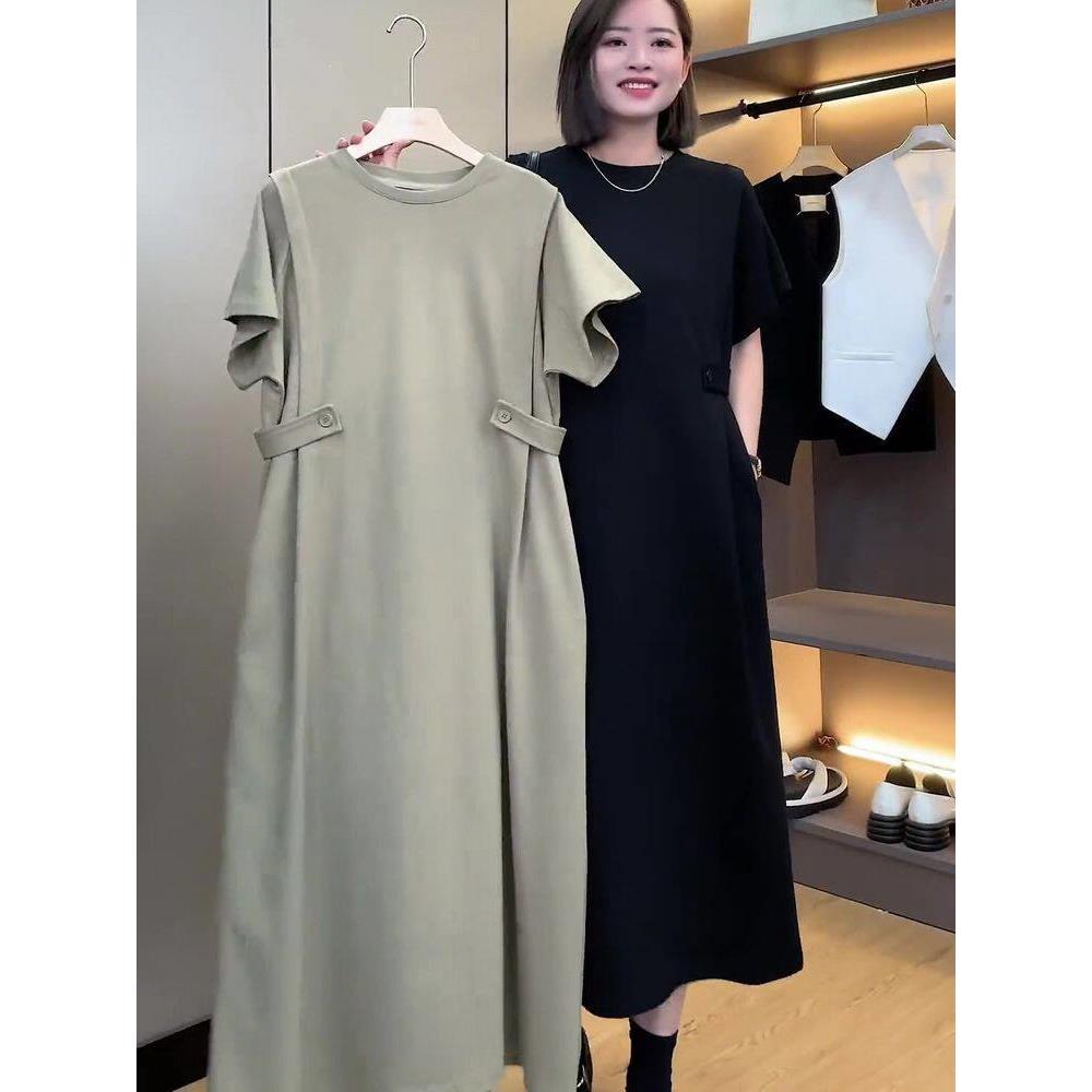 新品欧洲站春季新款大码宽松直筒裙女气质收腰遮肉显瘦百搭短袖连