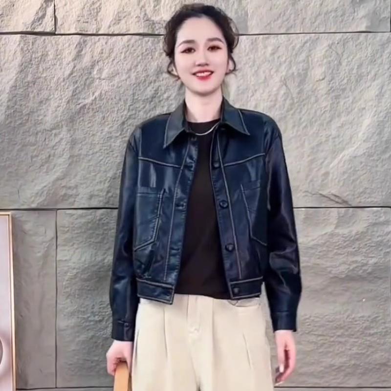 新品小个子时尚休闲短款皮衣女士春秋新款机车服翻领洋气百搭夹克