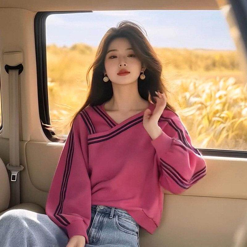 新品慵懒风V领不规则长袖卫衣女春季新款设计感短款宽松显瘦百搭