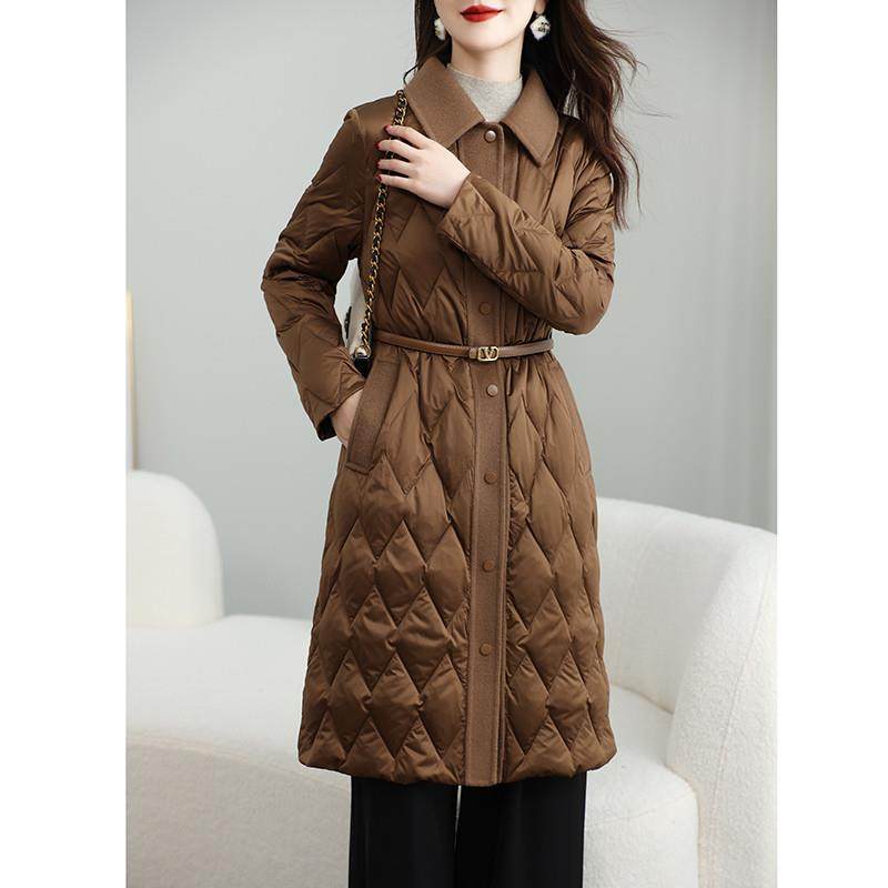 极速美拉德轻薄鹅绒服中长款2024冬季款双面呢拼接鹅绒羽绒服女外