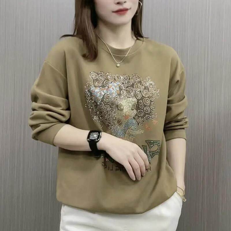 新品秋季女装新款大码妈妈装宽松高档烫钻卫衣女休闲百搭T恤外穿