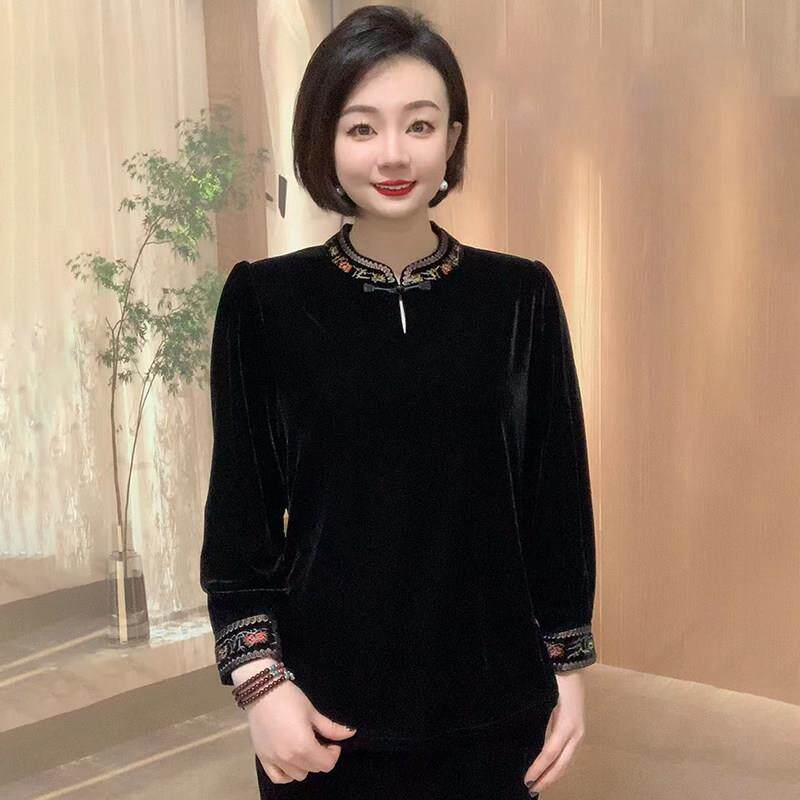 新品高贵洋气妈妈金丝绒上衣女2026秋冬新款复古气质立领刺绣打底
