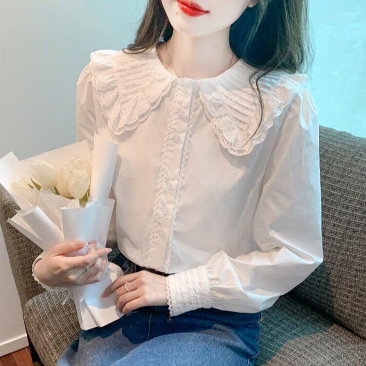 新品法式娃娃领长袖白色衬衫女时尚宽松显瘦上衣春秋2026新款减龄