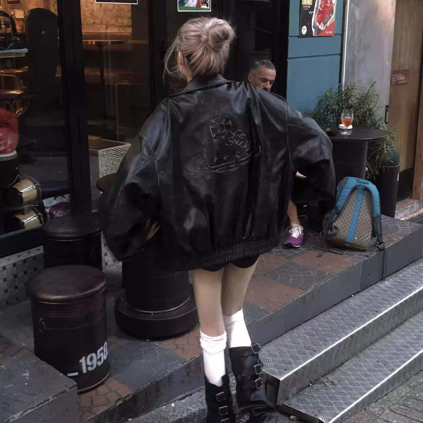 新品高级感黑色卡通印花皮衣外套女2026春秋宽松显瘦百搭机车服夹