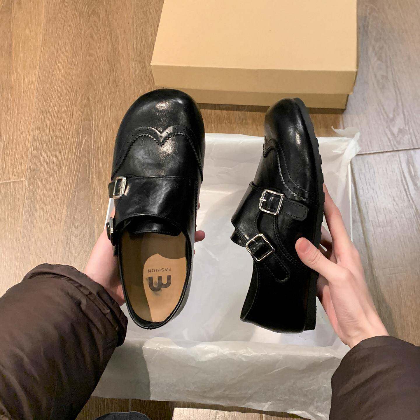 新品乐福鞋女款2026新款春季百搭英伦风小皮鞋平底雕花布洛克黑色