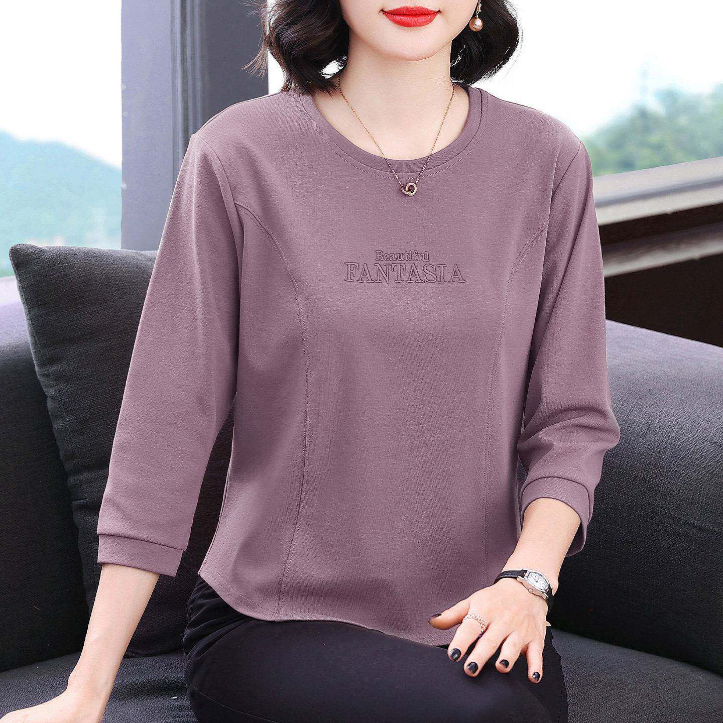 新品时尚七分袖圆领长袖T恤女早秋新款百搭宽松显瘦洋气妈妈刺绣