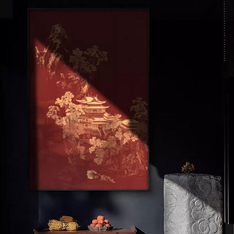 现货新中式入户玄关走廊禅意山水建筑装饰画书房茶室民宿酒店软装图片