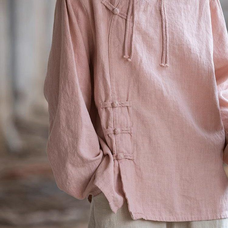 新品新中式禅意茶服女装中式复古斜襟盘扣长袖棉麻两件套装练功居