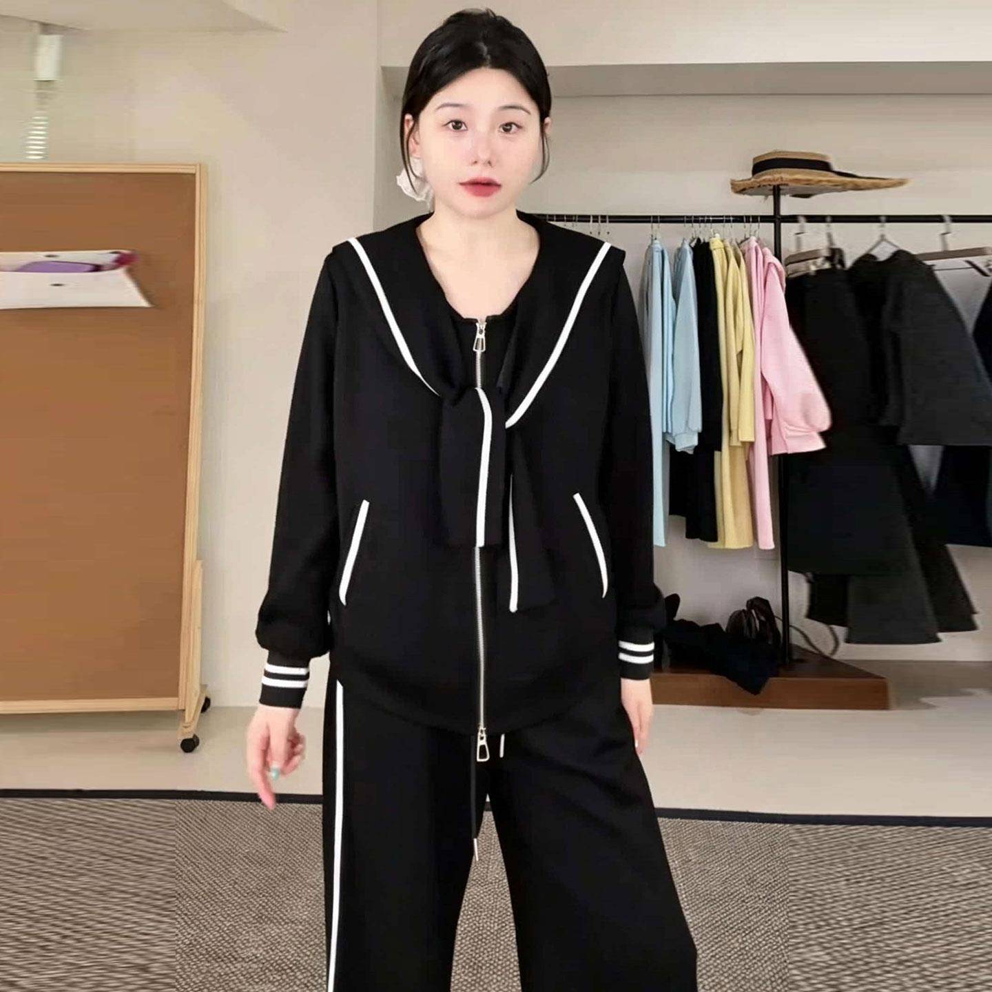 新品大码黑色撞色边运动套装女秋季胖mm拉链外套阔腿裤减龄百搭两