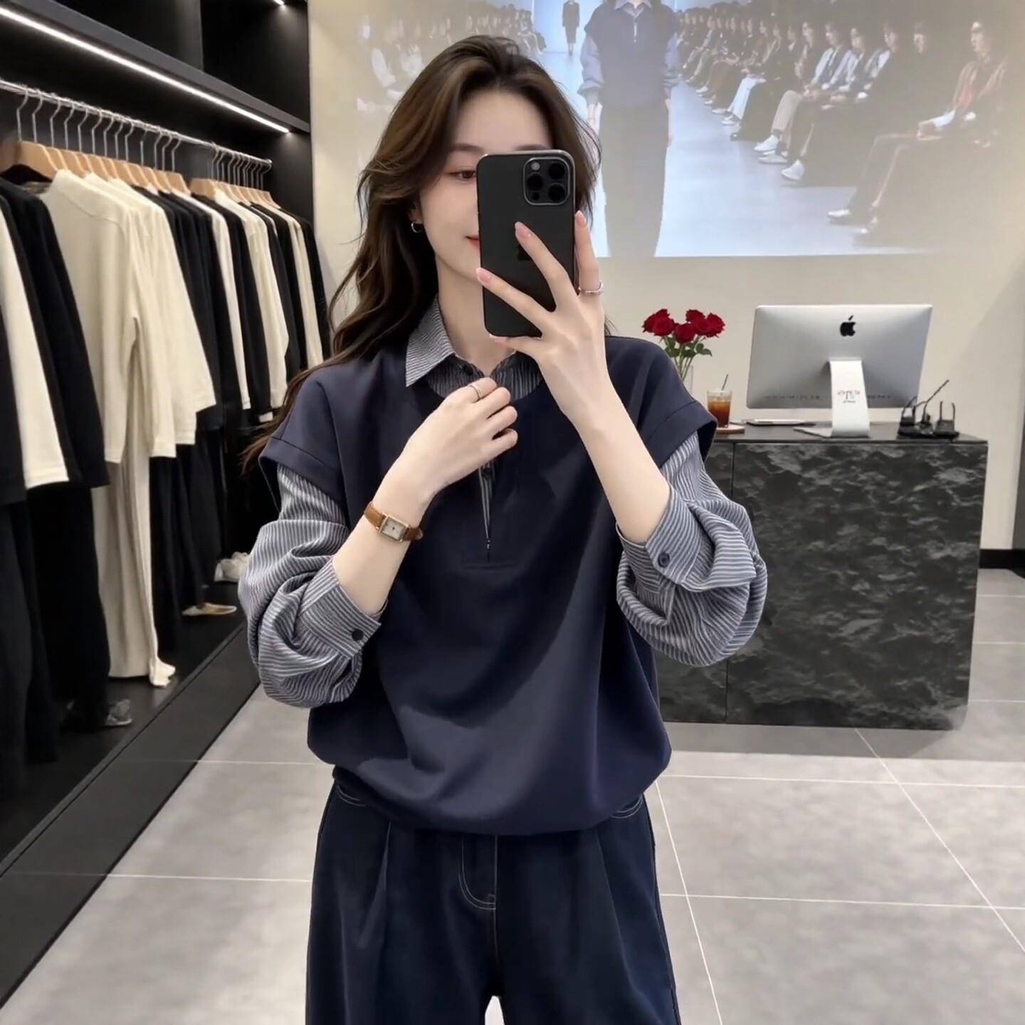 新品假两件拼接格子长袖衬衫女2026秋季大码胖mm独特漂亮宽松慵懒