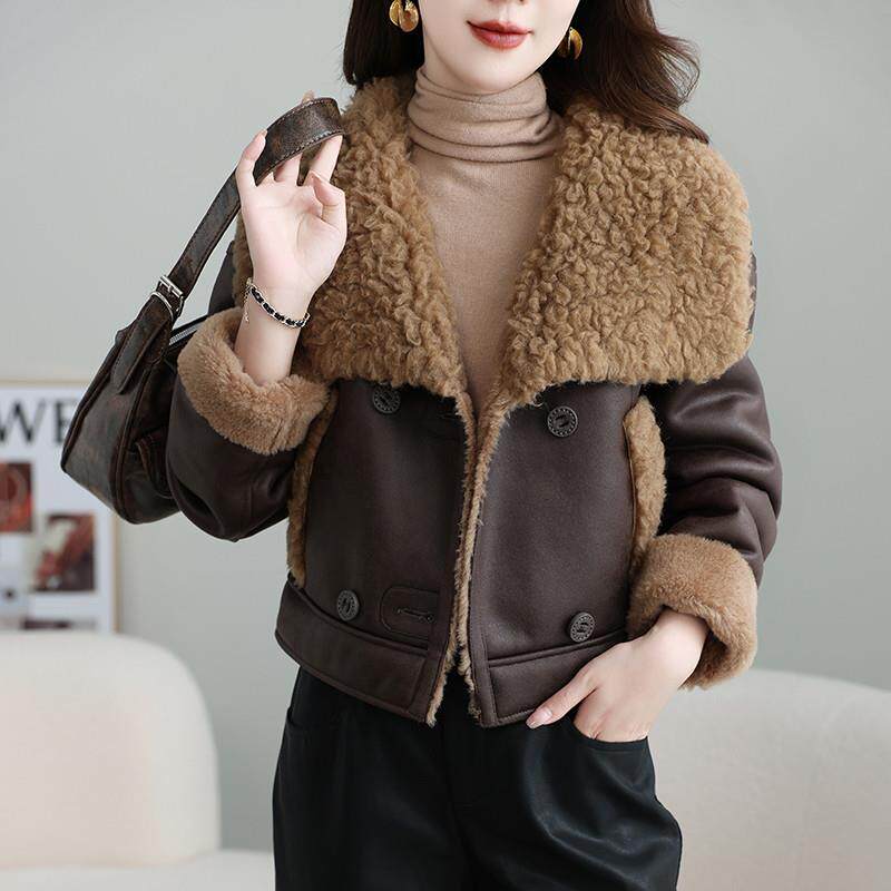新品2024新款羊羔毛皮毛一体外套女冬季短款翻领机车羊剪绒皮草外
