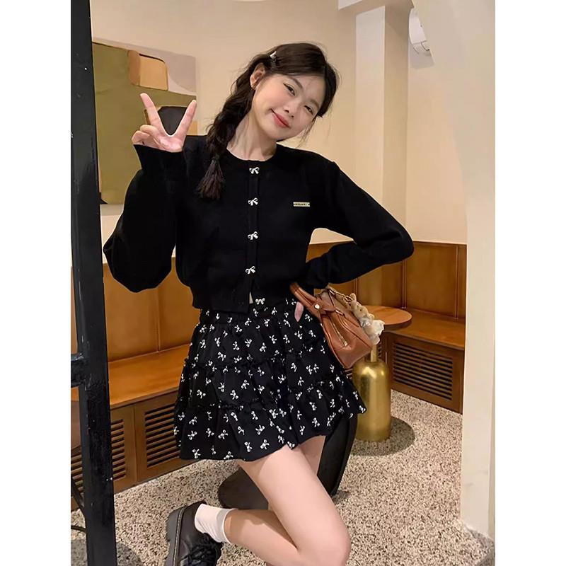 极速小香风高级感黑色浣熊绒毛衣外套女秋季设计感蝴蝶结软糯针织