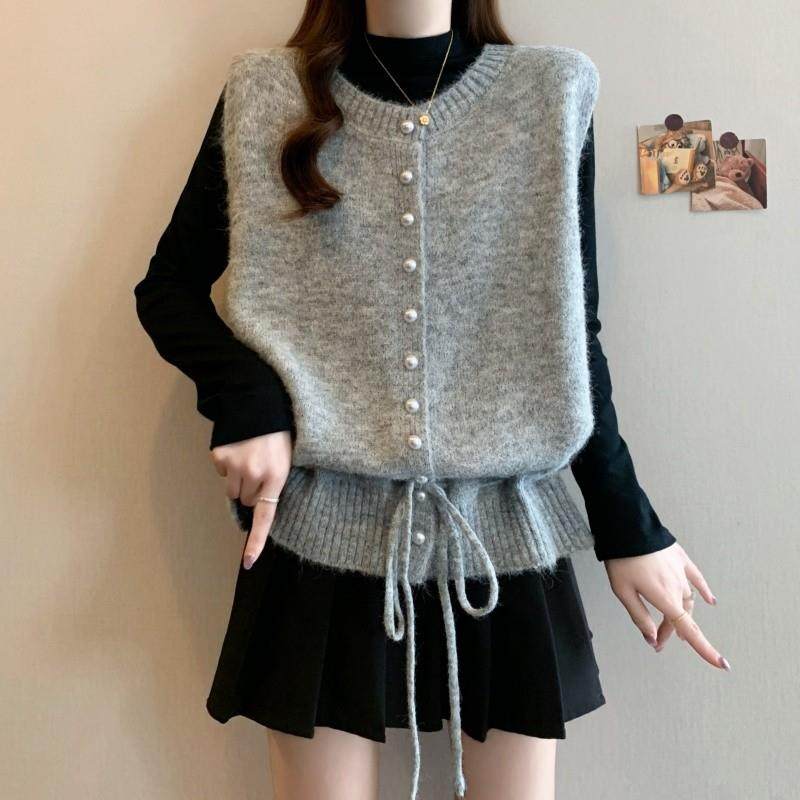 新品针织开衫背心马甲女叠穿春秋2025大码胖mm显瘦设计感抽绳收腰