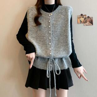 新品针织开衫背心马甲女叠穿春秋2025大码胖mm显瘦设计感抽绳收腰