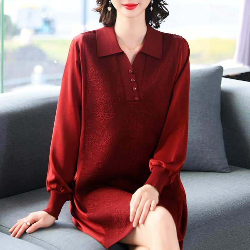 新品新款妈妈春装上衣中长款长袖T恤中老年女士加肥加大薄针织打