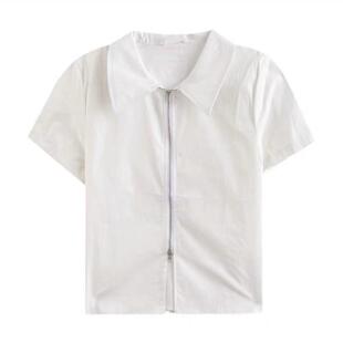 新品白色双拉链衬衫女春秋冬小个子显瘦别致翻领内搭叠穿打底长袖