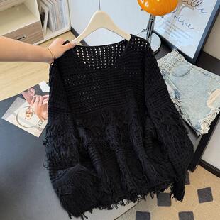 新品镂空V领长袖针织罩衫毛衣女爆款春秋2025大码胖mm设计感流苏