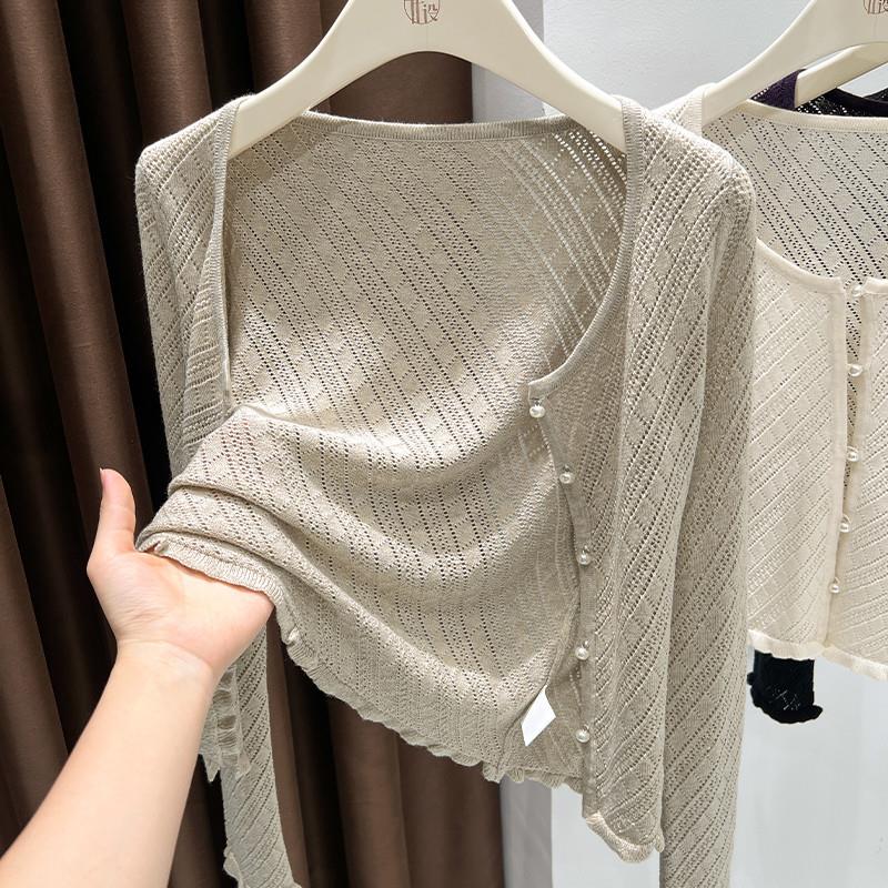 极速燕麦色薄款小香风针织外套女秋冬百搭高级感花边镂空毛衣长袖
