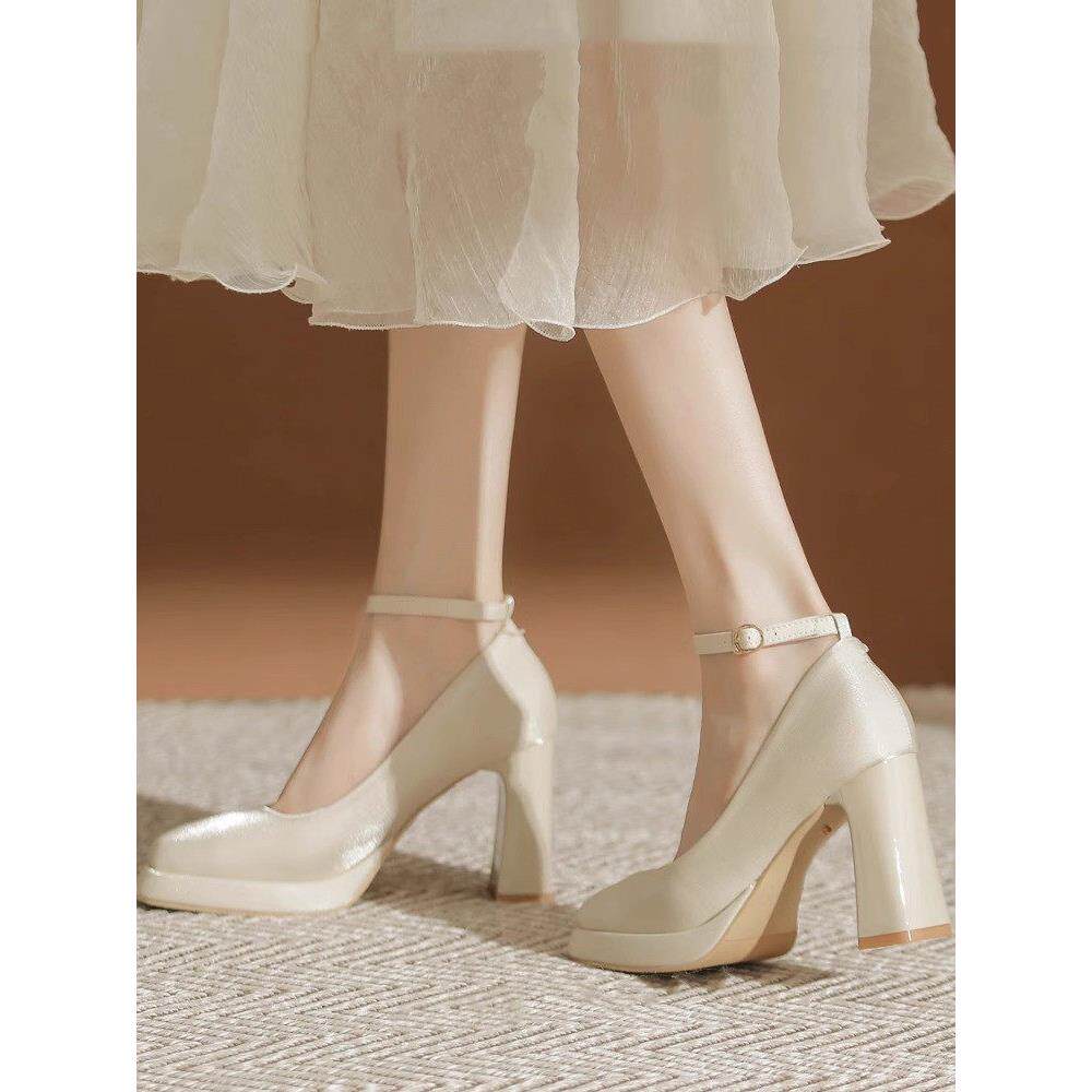 新品白色防水台高跟鞋女粗跟小个子玛丽珍缎面方头新娘鞋婚鞋婚纱