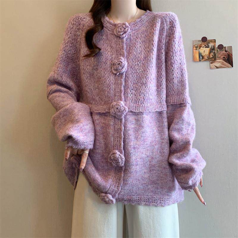 新品紫色钩花软糯毛衣开衫