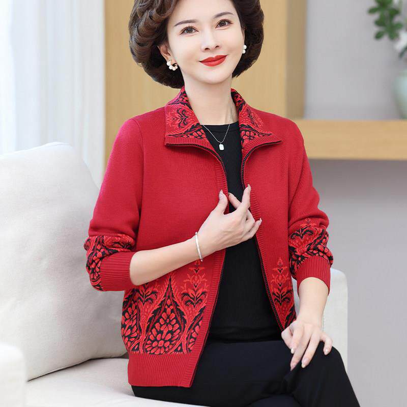 新品时尚中老年人女装上衣翻领针织外套夹克衫妈妈春秋装大码毛衣