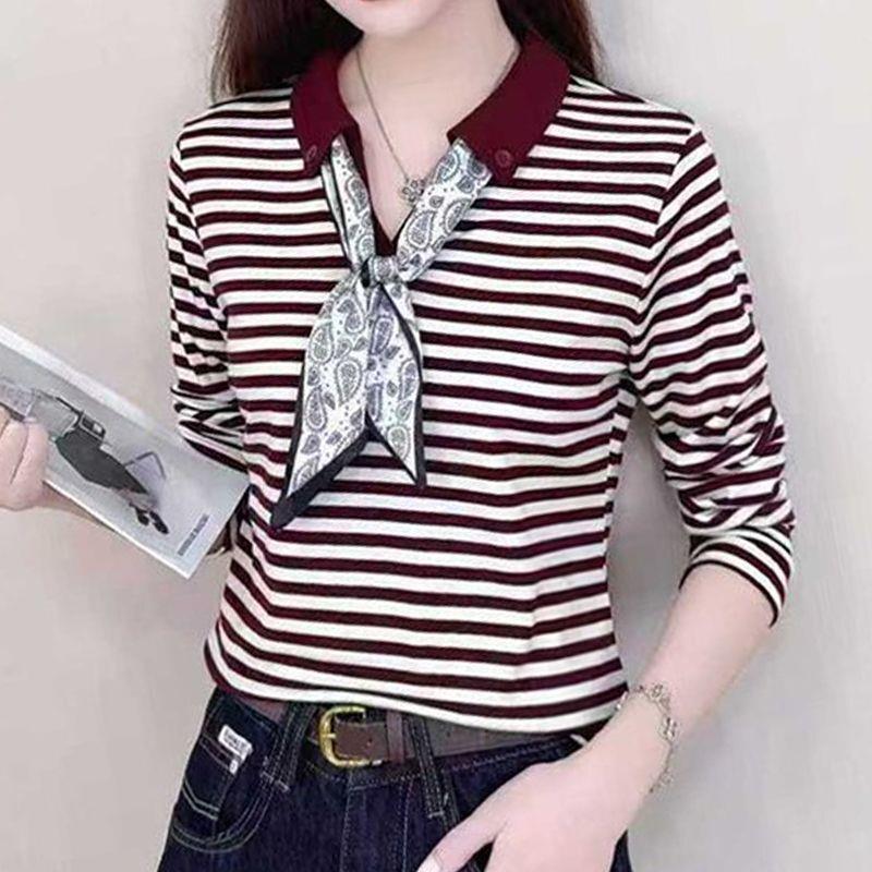 极速时尚设计感高端丝巾条纹打底小衫女早秋气质百搭显瘦洋气外穿