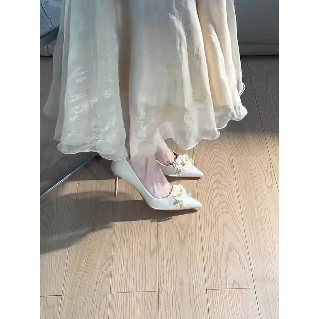 新品法式花朵婚鞋禾秀婚纱两穿新娘鞋不累脚2026新款香槟色订婚高