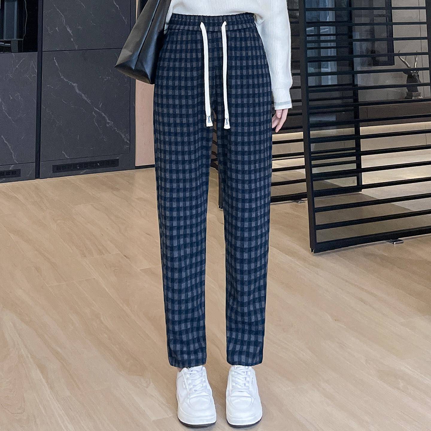 新品高级感毛呢格子哈伦裤女春秋高腰显瘦大码直筒慵懒风垂感休闲
