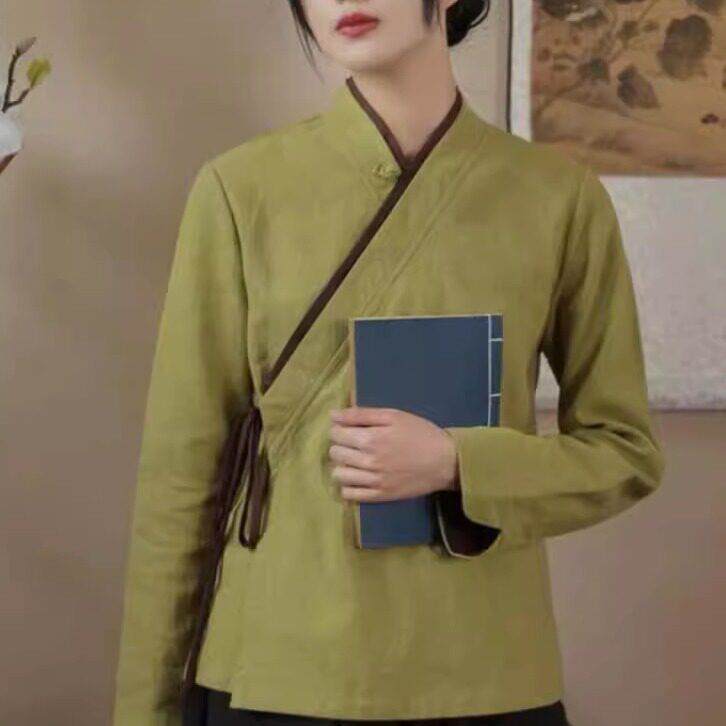 新品中式斜襟系带长袖唐装茶服衫女装春秋款撞色拼接国风汉服棉麻