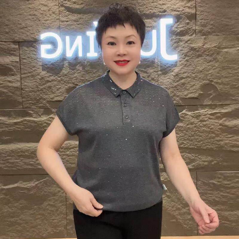 新品2026时尚早秋新款翻领镶钻半袖衫贵气中老年女装肩镂空洋气针