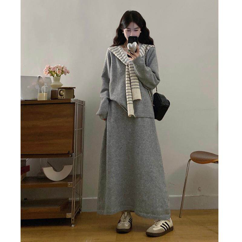 新品大码女装2025秋季搭配一整套假两件条纹披肩慵懒风灰色针织三