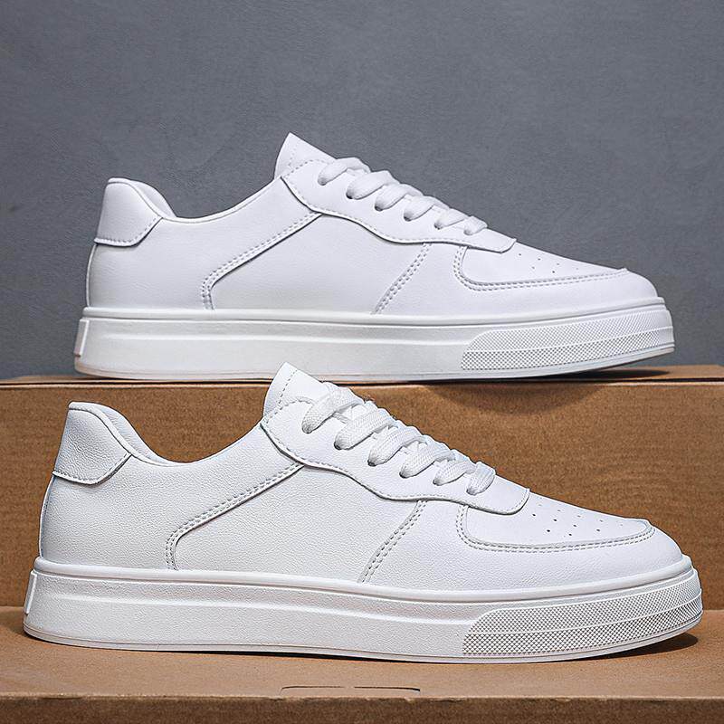 新品男士商务休闲鞋2026新秋季透气皮鞋子男款板鞋白底黑色软底工