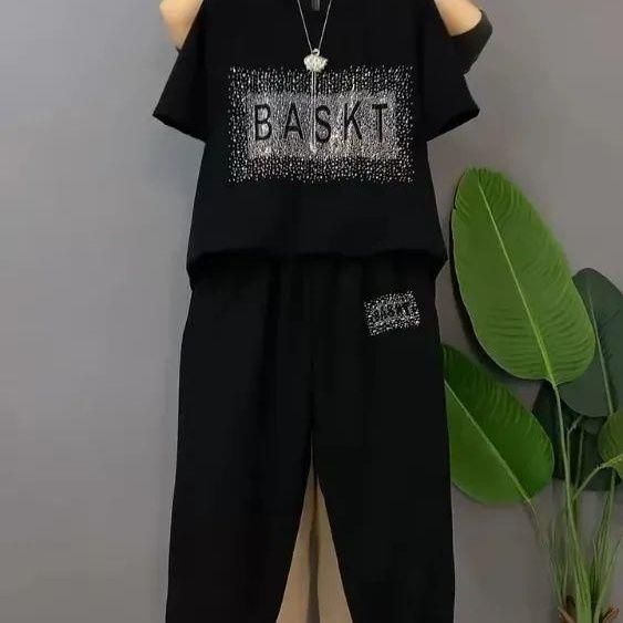 新品大码女装宽松短袖套装休闲套装两件套遮肉显瘦哈伦裤烫钻胖mm