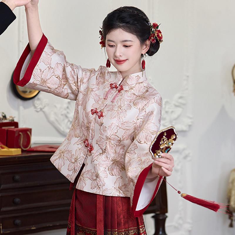 新品搭配马面裙敬酒服宽松外套冬季新款盘扣衬衫女新中式国风立领