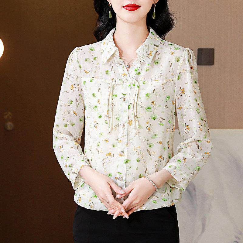 新品九分袖碎花雪纺衬衫女士装秋季新款漂亮减龄小衫洋气妈妈遮肚