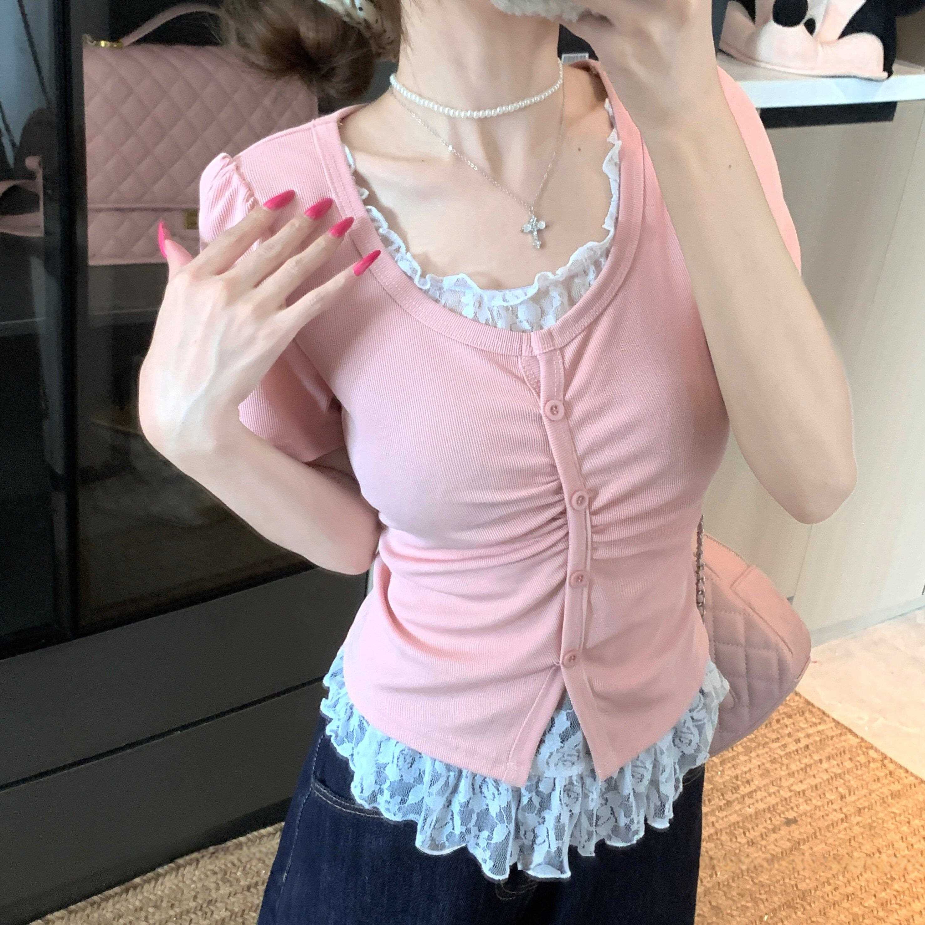 新品大码胖mm韩系穿搭蕾丝花边拼接假两件内搭打底衫T恤女2026年