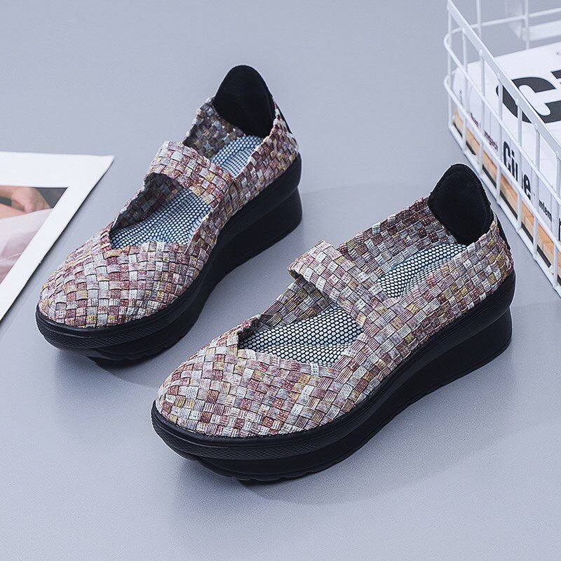新款轻便手工编织鞋女网面透气运动鞋松紧K带弹力休闲鞋厚底摇摇