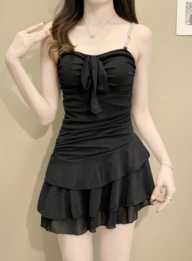 泳衣女2a025新款黑色连体平角裙式长袖罩衫平角保守高级感温泉泳