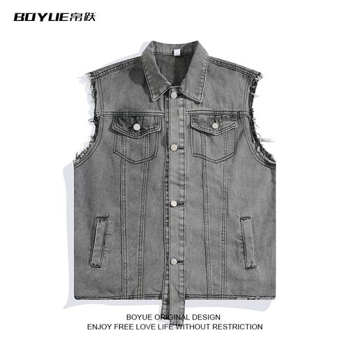 BOYUE帛跃做旧毛边牛仔马甲美式设计感痞帅时尚N工装hiphop男坎肩